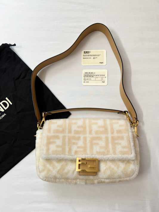 Authentic Pre-Owned Fendi Baguette Zucca Shearling Fur Crossbody Bag – Cream/Beige