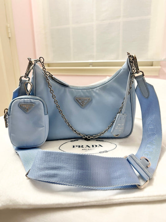 Authentic Pre-Owned Prada Re-Edition 2005 Nylon Shoulder Bag – Light Blue with Silver Hardware