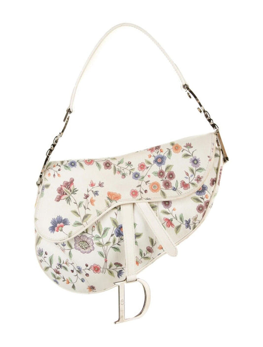 ★ Authentic CHRISTIAN DIOR WHITE CANVAS FLORAL PRINT MINI SADDLE BAG Pre-owned ★