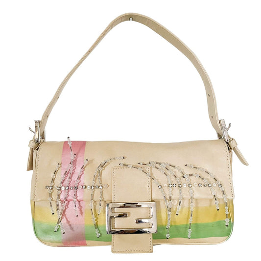 ★ Authentic FENDI Baguette Cream Leather Beads Embroidered Pre-owned ★