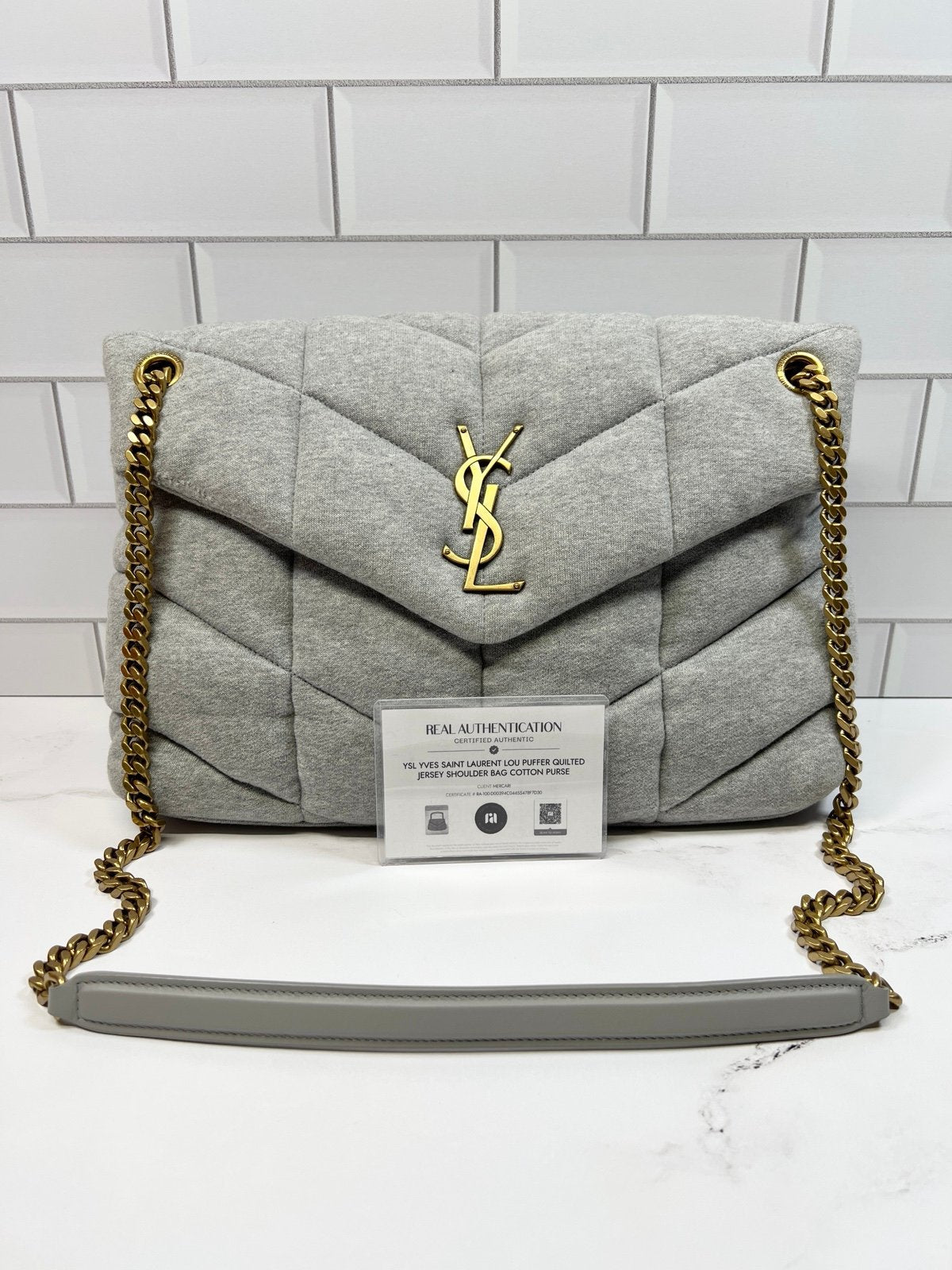 Authentic Pre-Owned YSL Lou Puffer Medium Shoulder Bag – Heather Grey Quilted Jersey