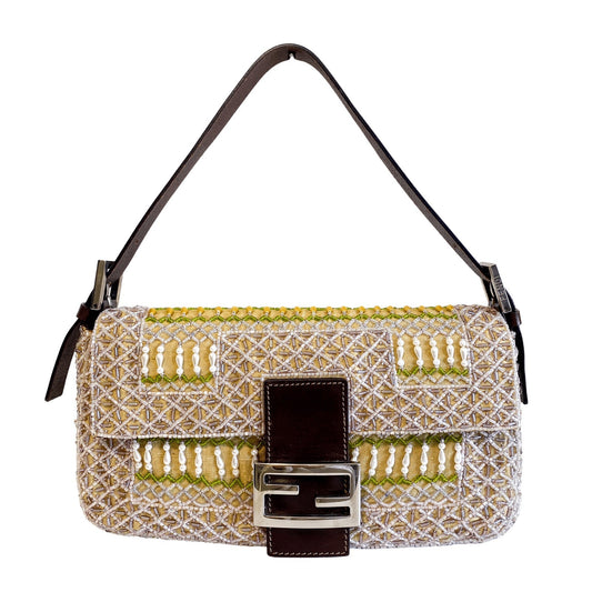 ★ Authentic FENDI Baguette Pink Beaded Yellow / Green Shoulder Bag Pre-owned ★