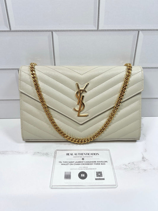 Authentic Pre-Owned YSL Cassandre Envelope Wallet on Chain – Blanc Vintage with Gold Hardware