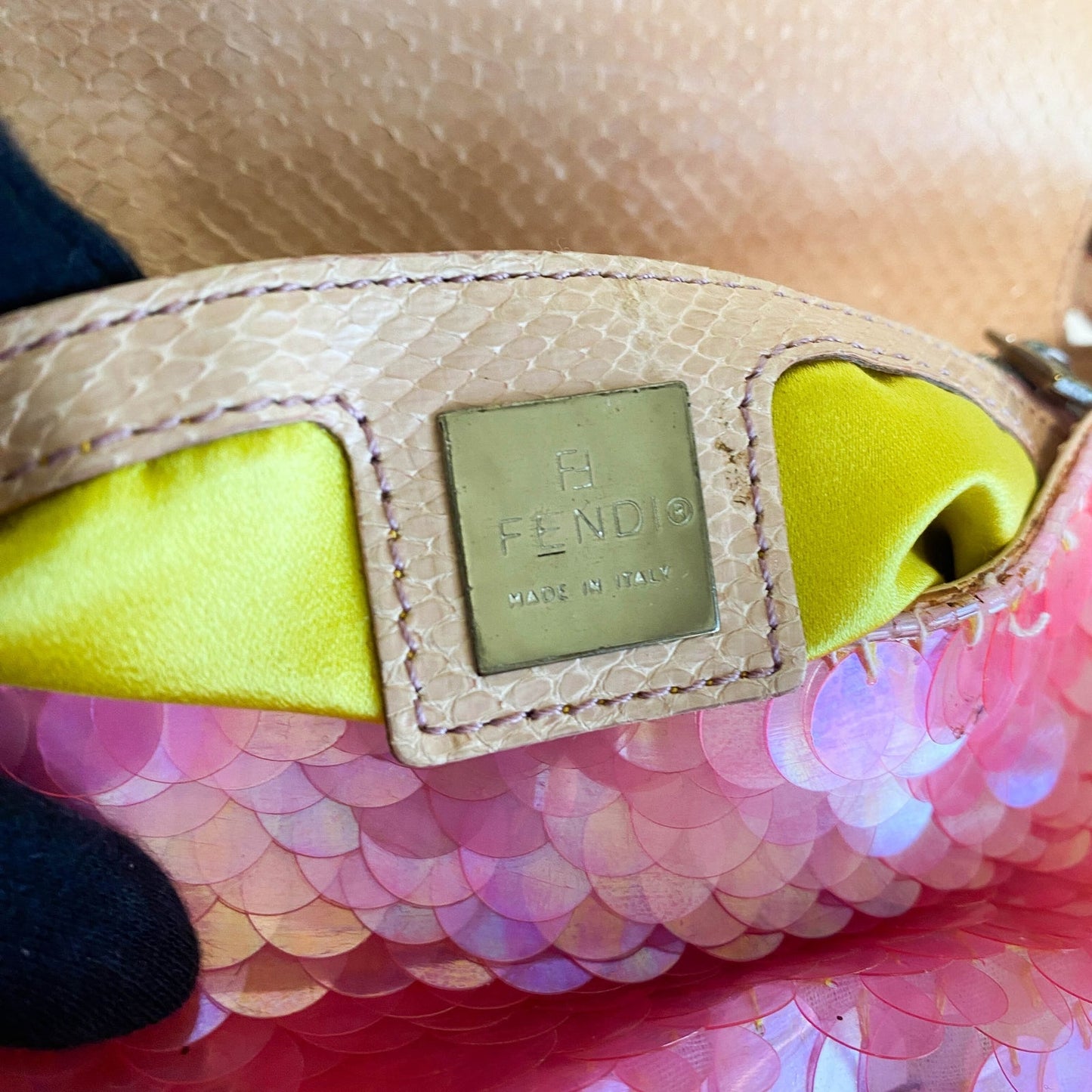 ★ Authentic FENDI Rare Baguette Pink Sequin Rhinestone Hardware Shoulder Bag Pre-owned ★