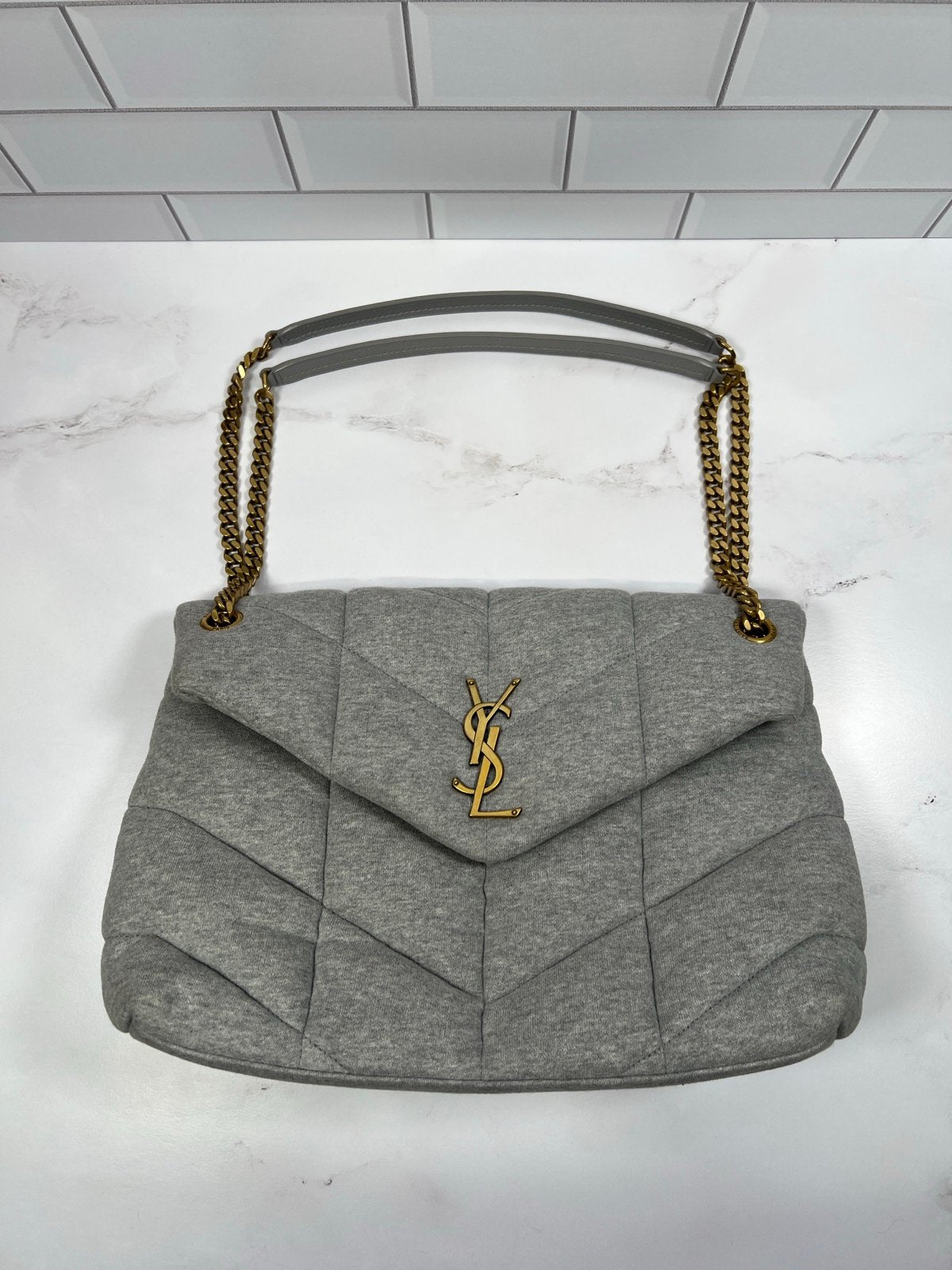 Authentic Pre-Owned YSL Lou Puffer Medium Shoulder Bag – Heather Grey Quilted Jersey