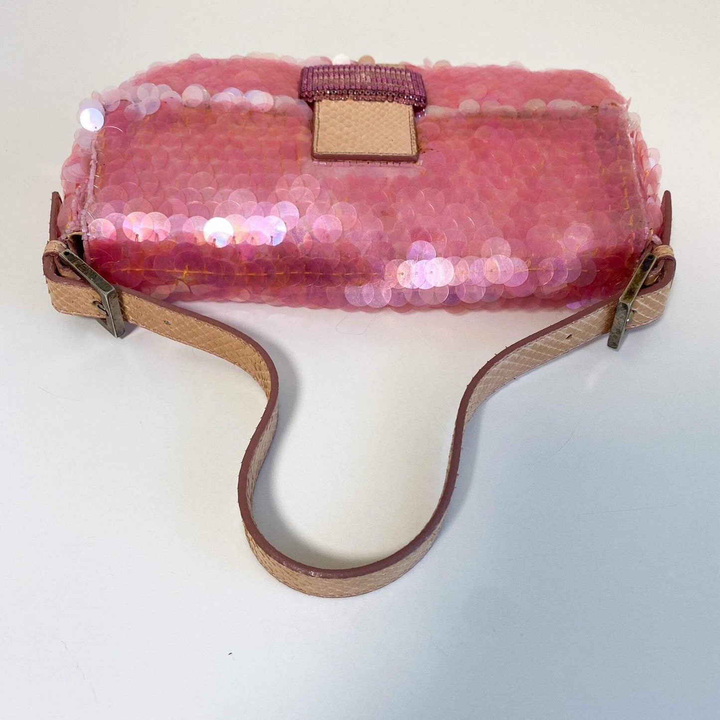 ★ Authentic FENDI Rare Baguette Pink Sequin Rhinestone Hardware Shoulder Bag Pre-owned ★