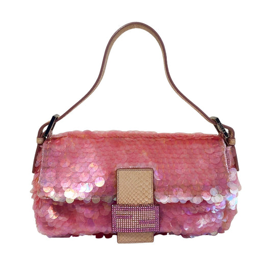 ★ Authentic FENDI Rare Baguette Pink Sequin Rhinestone Hardware Shoulder Bag Pre-owned ★
